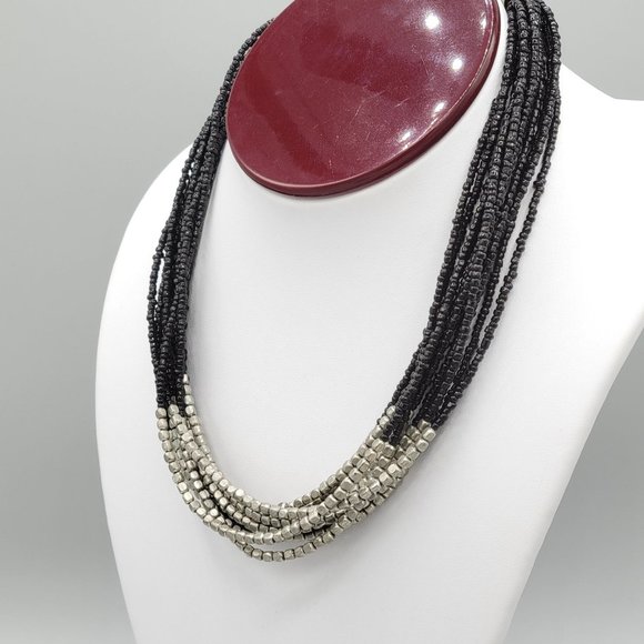 Premier Designs Multi Strand Beaded Necklace Black Silver Seed Beads 18 in - Picture 3 of 8
